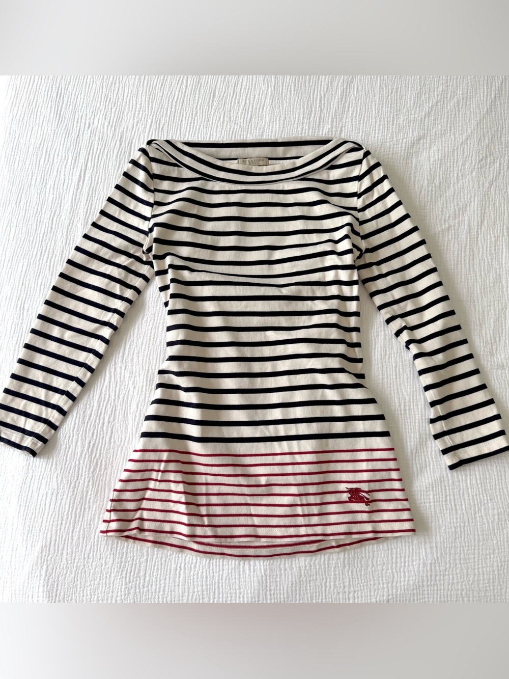 Burberry boat neck striped long sleeve top with embroidered logo